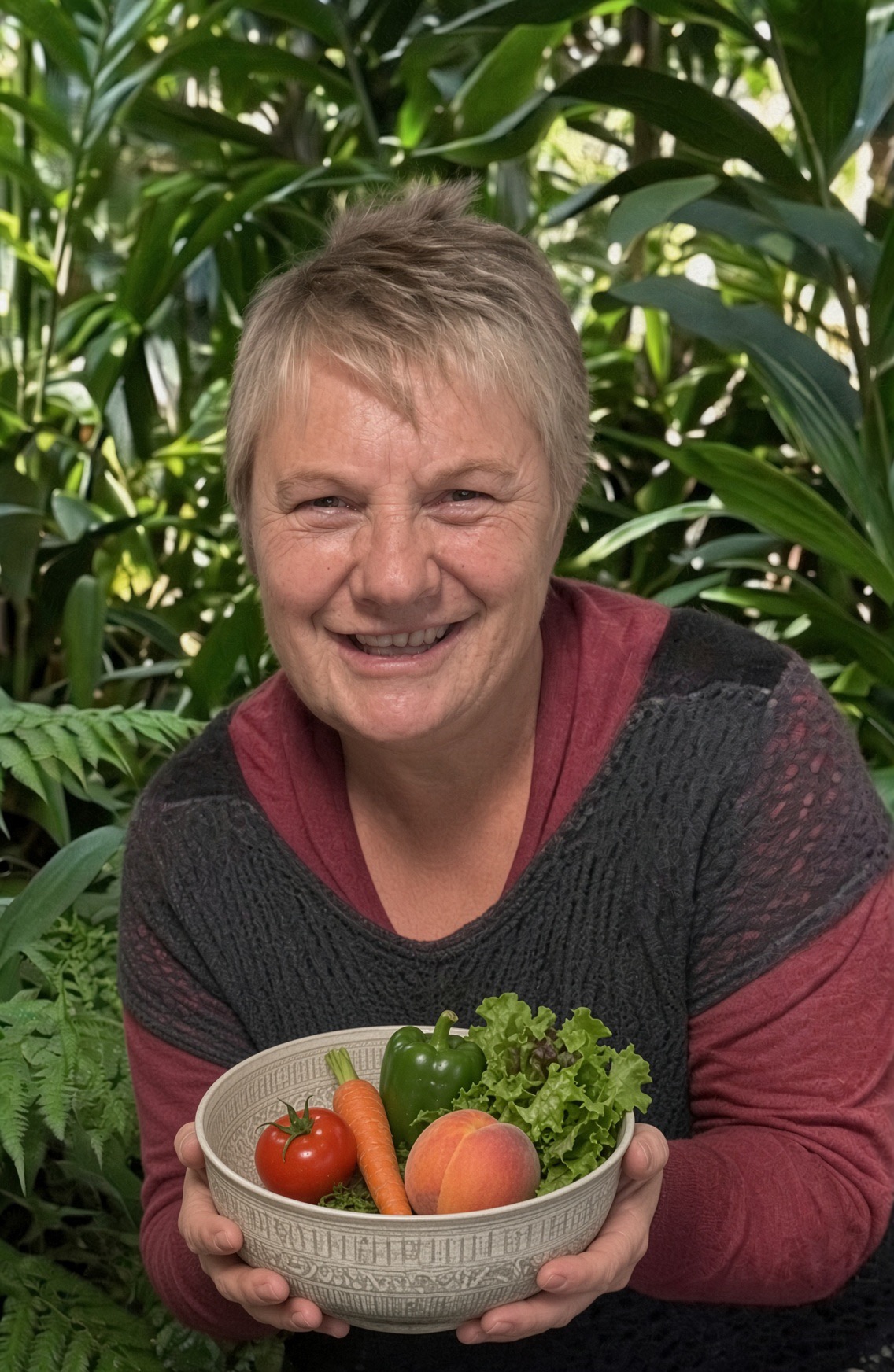 Carina Corbet-Owen in the garden at Grace Gardens, holding a bowl of freshly harvested vegetables.